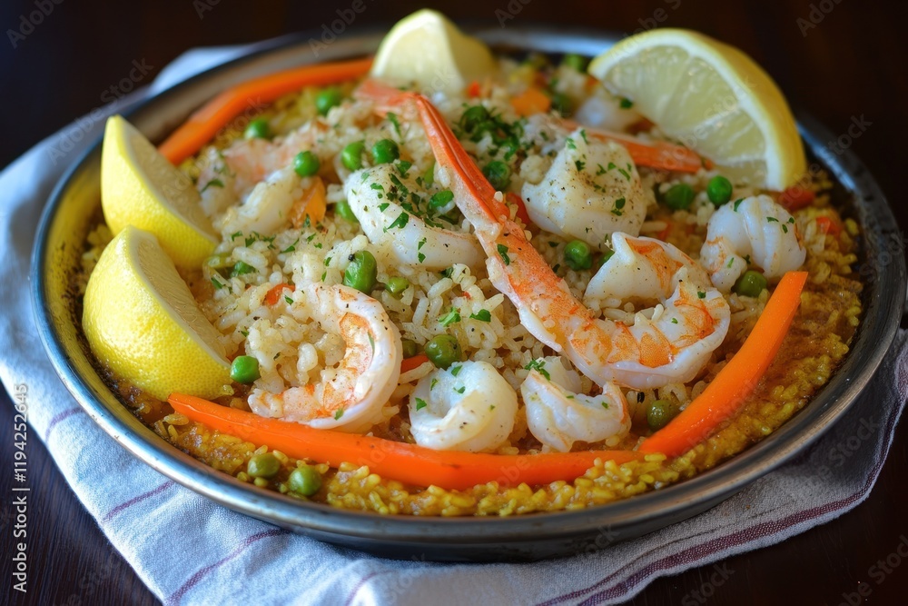 Delicious seafood paella, lemon wedges, vibrant rice, dark wood background. Food photography for restaurant menus Delicious seafood paella, lemon wedges, vibrant rice, dark wood background. Food photography for restaurant menus