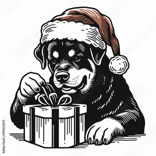 A festive dog wearing a Santa hat eagerly unwraps a gift, capturing the joy of the holiday season.