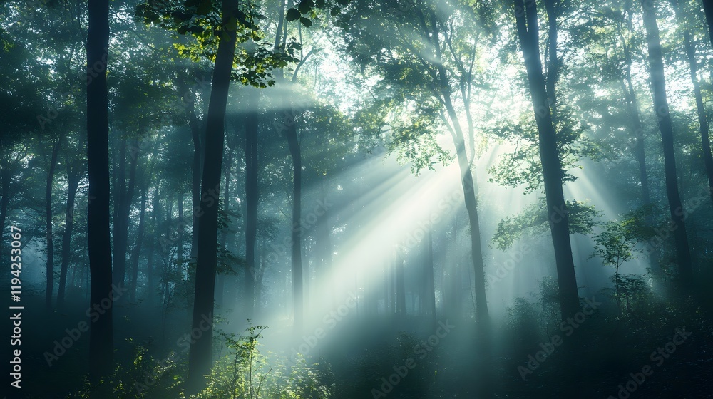 Obraz premium Sunlight beams through misty forest trees on a serene morning path