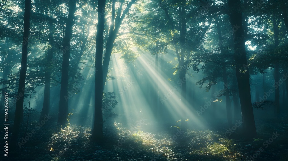Obraz premium Sunlight beams through misty forest trees on a serene morning path
