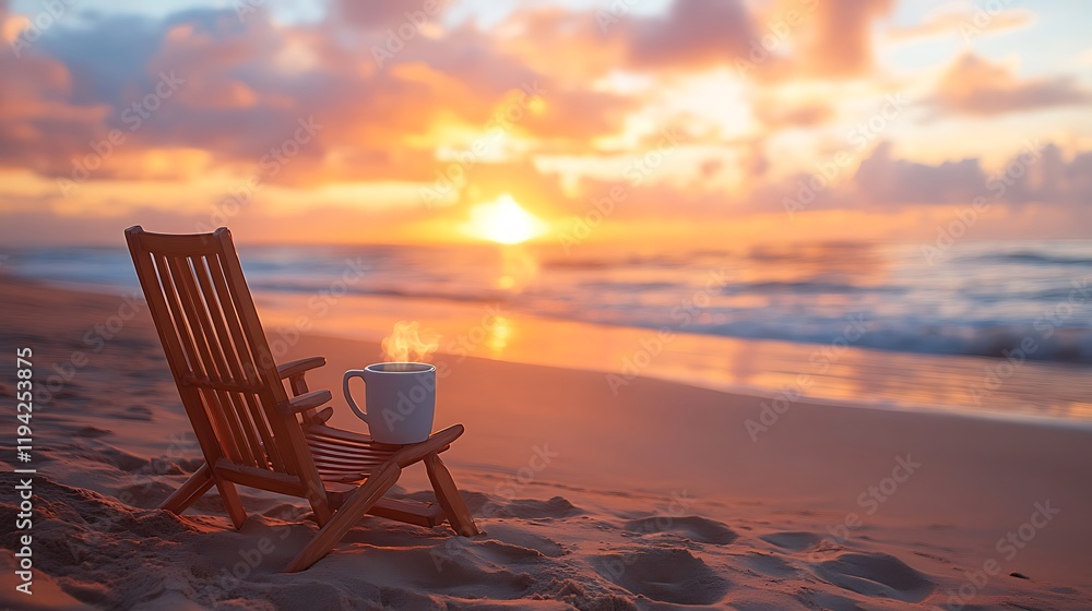 A lounge chair on golden sand, illuminated by the soft light of dawn, a coffee mug gently steaming in the foreground, the horizon painted with warm orange and pink hues, ocean waves softly shimmering, A lounge chair on golden sand, illuminated by the soft light of dawn, a coffee mug gently steaming in the foreground, the horizon painted with warm orange and pink hues, ocean waves softly shimmering,