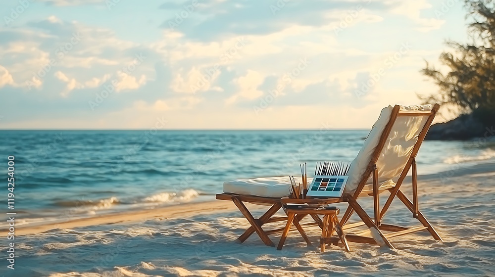 A lounge chair with art supplies including a watercolor palette and brushes, positioned on soft sand with the ocean as a backdrop, the scene illuminated by warm, soft light, evoking creativity, A lounge chair with art supplies including a watercolor palette and brushes, positioned on soft sand with the ocean as a backdrop, the scene illuminated by warm, soft light, evoking creativity,