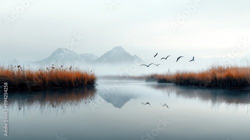 A serene wetland scene with birds flying over for World Wetlands Day. photo