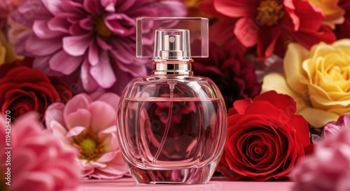 Elegant perfume bottle surrounded by vibrant flowers photo