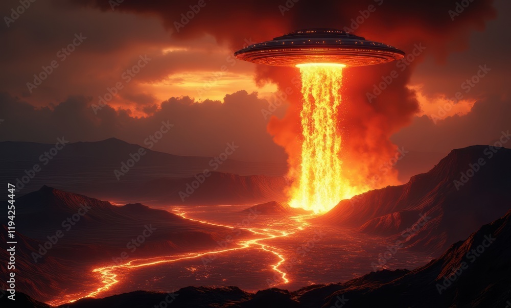 UFO descending amid volcanic eruption. UFO descending amid volcanic eruption.