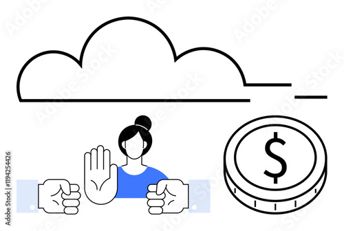 Handcuffs, woman with stop gesture, cloud, and dollar coin highlight themes of cybersecurity, financial protection, and restriction. Ideal for tech safety, finances, fraud control boundaries