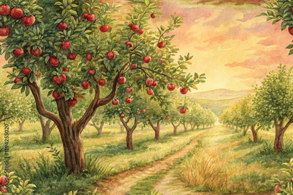 Scenic orchard landscape at sunset with ripe red apples on trees Scenic orchard landscape at sunset with ripe red apples on trees
