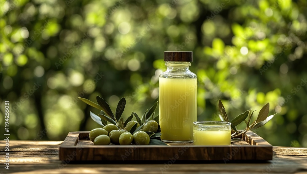 Fresh Olive Juice: A Refreshing Drink Made with Natural Olives, Bottled and Served Outdoors, Enjoying a Healthy Lifestyle