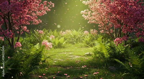 Serene cherry blossom pathway with lush greenery and sunlit glow