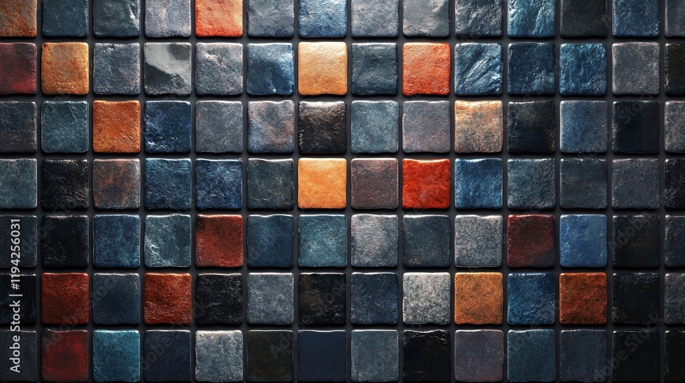 A ceramic mosaic texture with colorful, polished tiles A ceramic mosaic texture with colorful, polished tiles