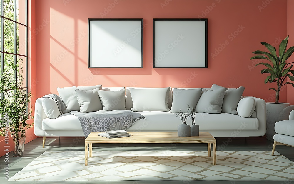 Fototapeta premium Sunlit living room, coral wall, modern sofa, design mockup