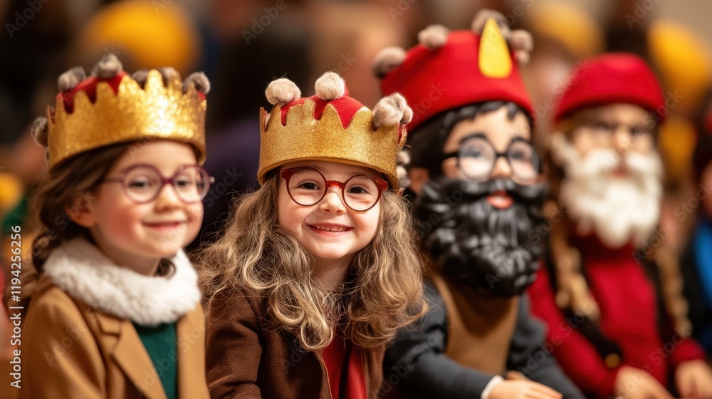 Fototapeta premium Children celebrating three kings' day in festive costumes and crowns