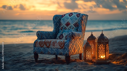 A Moroccan-style chair featuring bold geometric patterns, flanked by lanterns with intricate cut-outs, on a golden beach at dusk, the ocean gently shimmering under soft twilight colors,