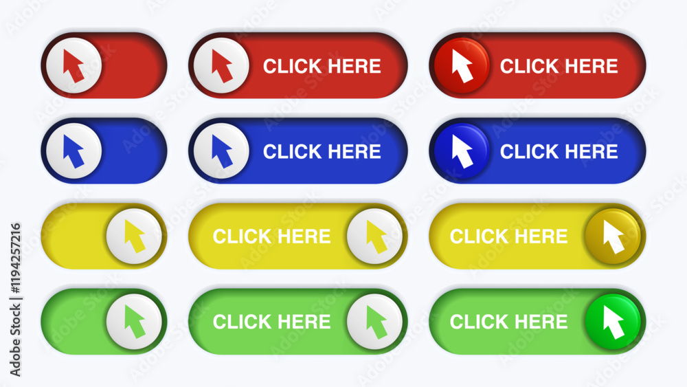 Click Here Button Set: Red, Yellow, Blue, and Green Vector Web Buttons with Arrow Pointer Action. Click here ui button concept. Vector illustration Click Here Button Set: Red, Yellow, Blue, and Green Vector Web Buttons with Arrow Pointer Action. Click here ui button concept. Vector illustration