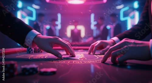 High-stakes poker game in neon-lit casino setting photo