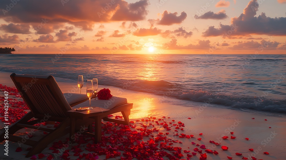 A picturesque romantic setup on a remote beach, featuring a double lounge chair with scattered rose petals, wine glasses resting on a side table, A picturesque romantic setup on a remote beach, featuring a double lounge chair with scattered rose petals, wine glasses resting on a side table,