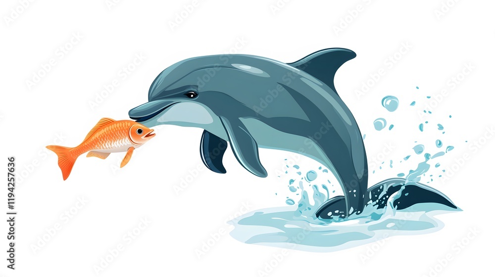 Fototapeta premium 99. A dolphin eating a fish, swimming in the water, with a pure white background