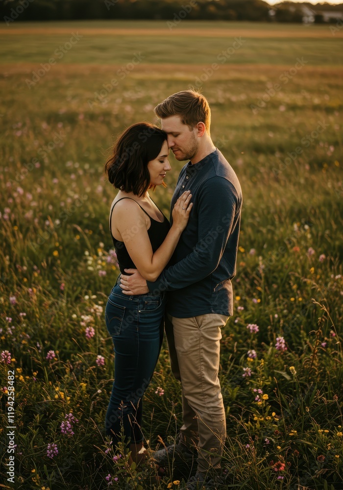Romantic couple embracing in a field at sunset surrounded by wildflowers Romantic couple embracing in a field at sunset surrounded by wildflowers
