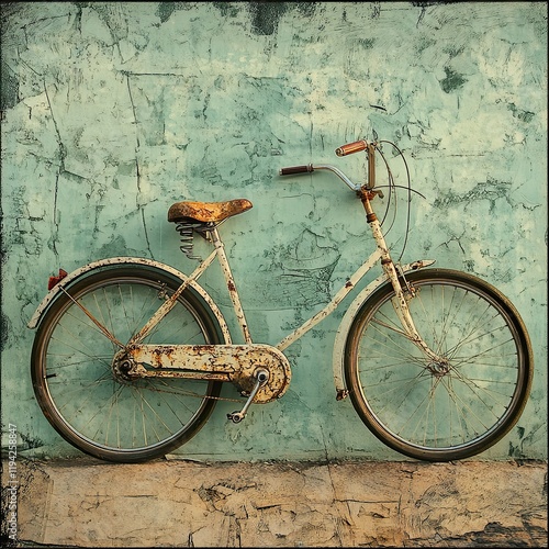 Vintage Rusty Bicycle Leaning on a Weathered Wall photo