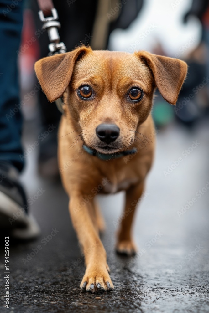National Walk Your Dog Day Friendly brown dog walking on wet pavement with curious expression National Walk Your Dog Day Friendly brown dog walking on wet pavement with curious expression