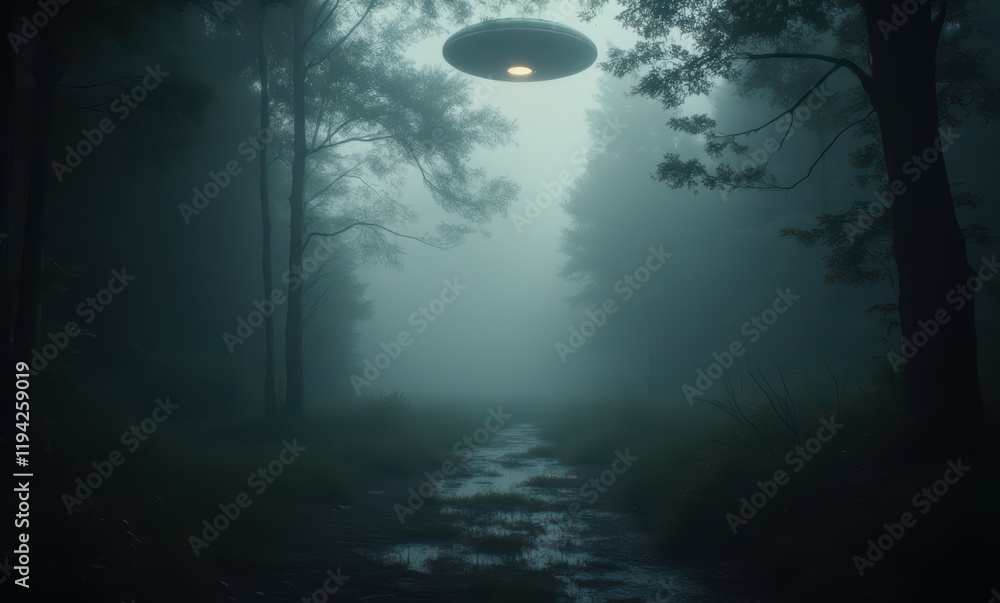 Mysterious UFO in a foggy forest Mysterious UFO in a foggy forest