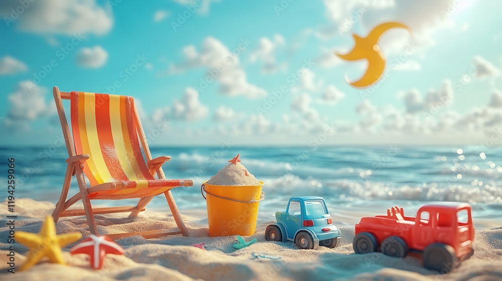 custom made wallpaper toronto digitalA relaxing lounge chair surrounded by colorful children’s toys, including a sandcastle bucket and a toy truck, gentle ocean waves sparkling under the bright sunlight,