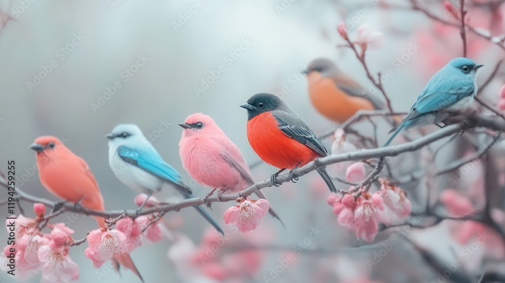 A flock of colorful birds perched on trees for National Bird Day. A flock of colorful birds perched on trees for National Bird Day.