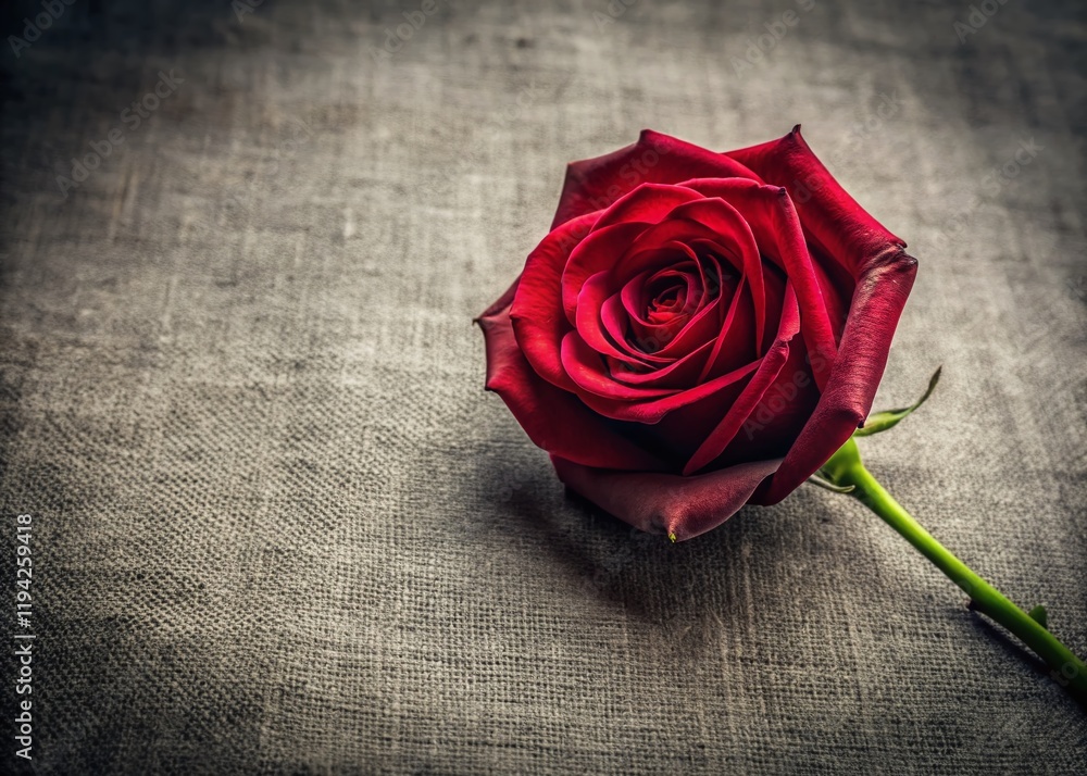 Single Dark Red Rose on Grey Linen - Minimalist Photography Stock Photo Single Dark Red Rose on Grey Linen - Minimalist Photography Stock Photo