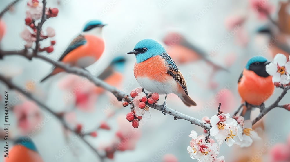 A flock of colorful birds perched on trees for National Bird Day. A flock of colorful birds perched on trees for National Bird Day.
