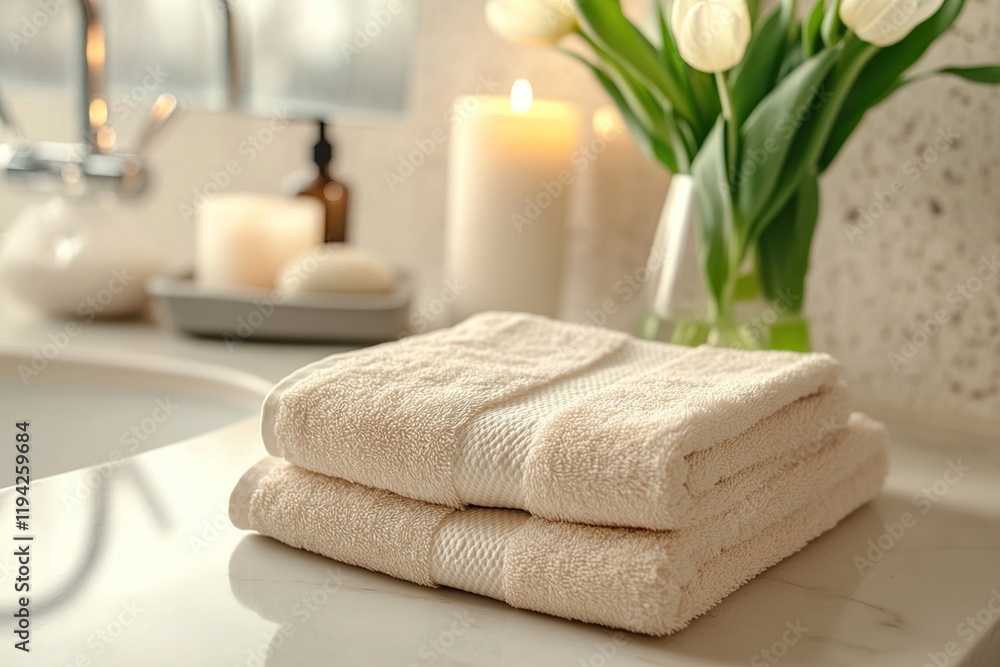 Spa-Like Bathroom: Soft Towels, Candles, and Tulips Create a Relaxing Ambiance for Self-Care Spa-Like Bathroom: Soft Towels, Candles, and Tulips Create a Relaxing Ambiance for Self-Care