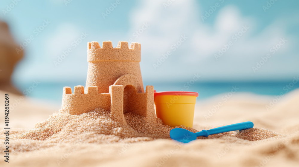 Close-up of sandcastle with bucket on summer bank holiday beach Close-up of sandcastle with bucket on summer bank holiday beach