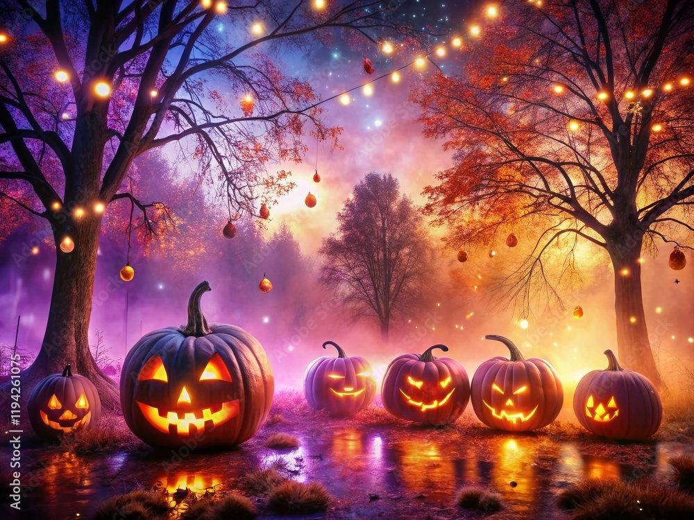 Fototapeta premium Spooky Halloween Double Exposure: Glowing Pumpkins & Purple Night