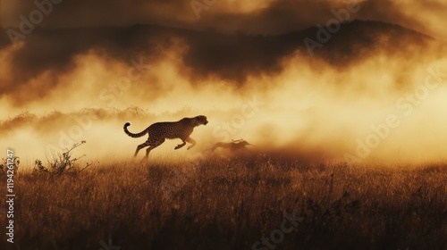 Cheetah running through golden desert dusk.  Possible use nature, wildlife, safari photo