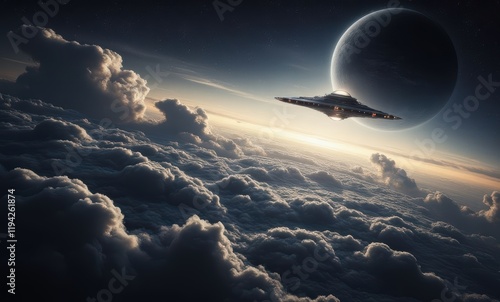 Futuristic spaceship flying over clouds photo