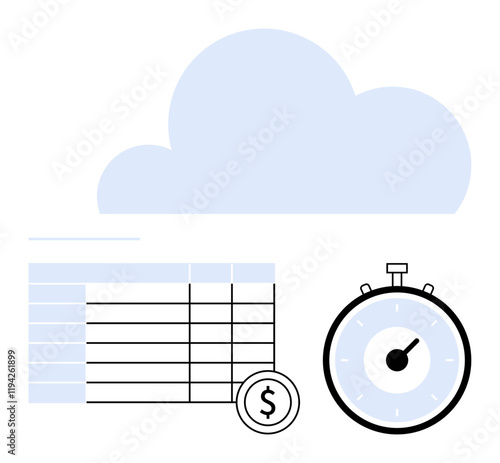 Cloud icon financial table dollar symbol stopwatch. Ideal for financial planning, data management, time tracking, cloud storage, cost reduction, productivity, efficiency. Line metaphor