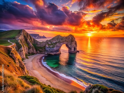 Stunning Durdle Door Sunset, Dorset Coastline, England - Dramatic Sky, Coastal Landscape photo