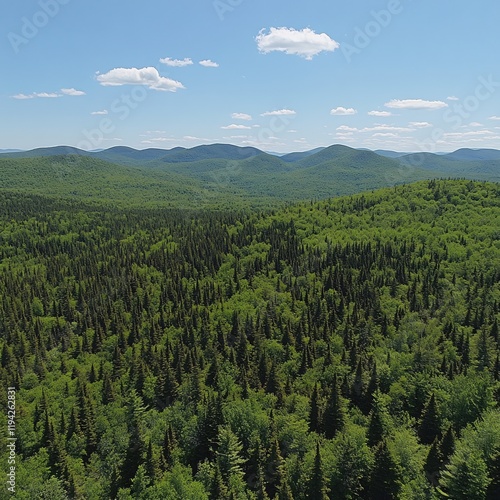 Majestic Mountain Range and Lush Evergreen Forest Landscape Under a Blue Sky
