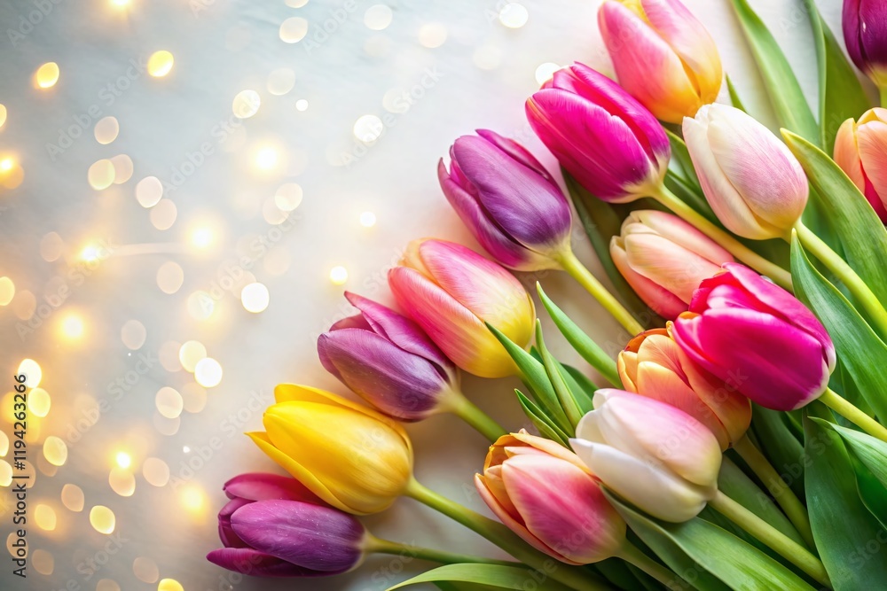 Summer Floral Flatlay: Vibrant Tulip Pattern on White Background with Bokeh Effect Summer Floral Flatlay: Vibrant Tulip Pattern on White Background with Bokeh Effect