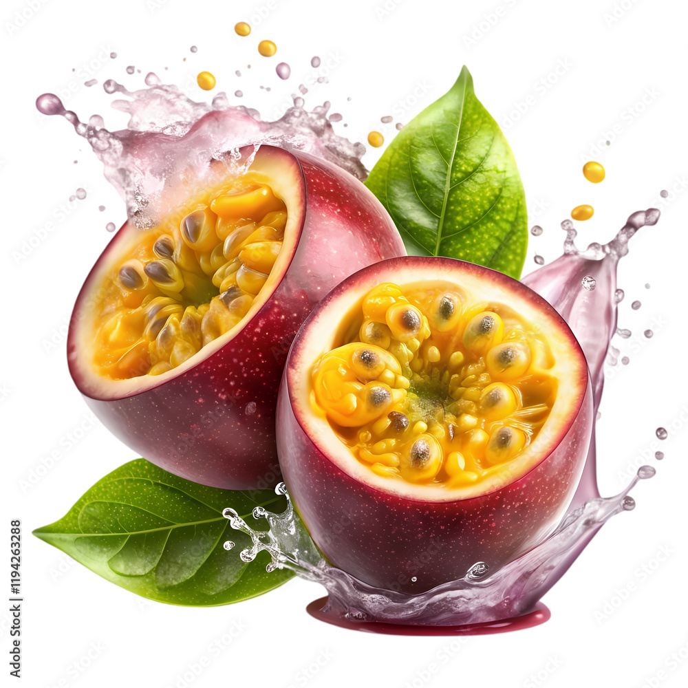 Passionfruit with splash isolated on transparent background Passionfruit with splash isolated on transparent background