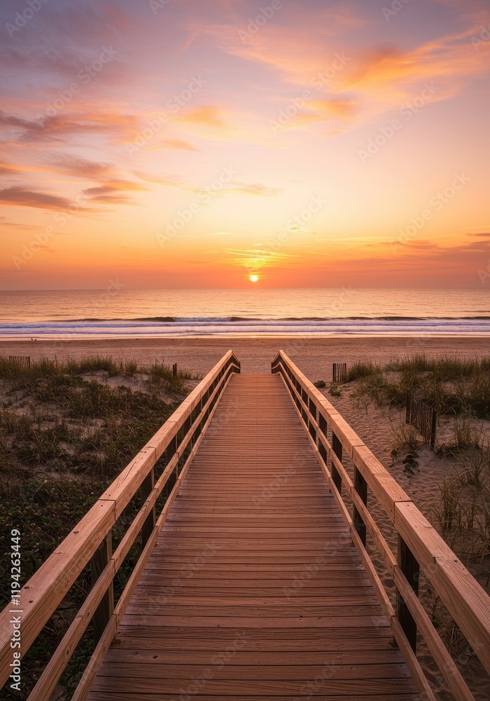 Serene beach sunrise with wooden walkway and ocean waves Serene beach sunrise with wooden walkway and ocean waves