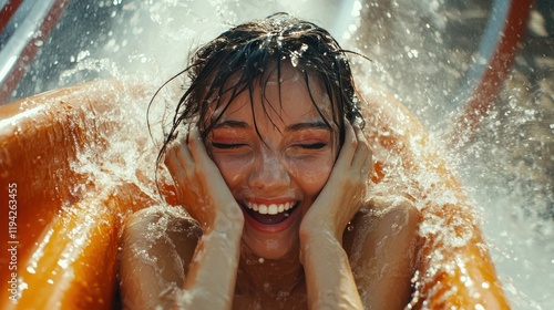 a happy woman is doing her makeup on a speeding rollercoaster with messy makeup all over her face, photoreal, chaotic, shakey, action. photo