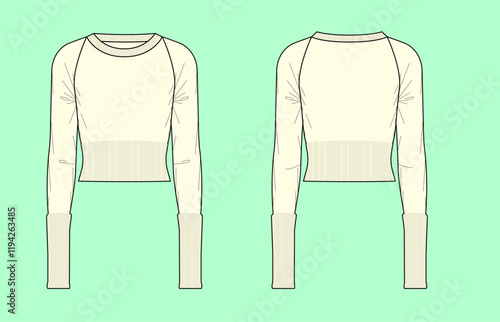 Women crew neck long sleeve fitted crop sweater flat sketch, CAD, Sketch Outline, Fashion illustration, Mockup, Template.