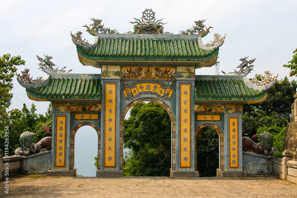A traditional Buddhist arch way over looking the Vietnam Sea taken in the month of January A traditional Buddhist arch way over looking the Vietnam Sea taken in the month of January