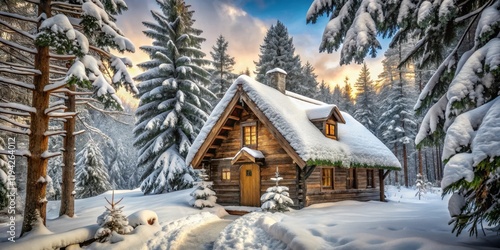 Wallpaper Mural Rustic Wooden Cabin Nestled in a Snowy Winter Wonderland, Illuminated by the Warm Glow of Sunset Through the Forest Torontodigital.ca
