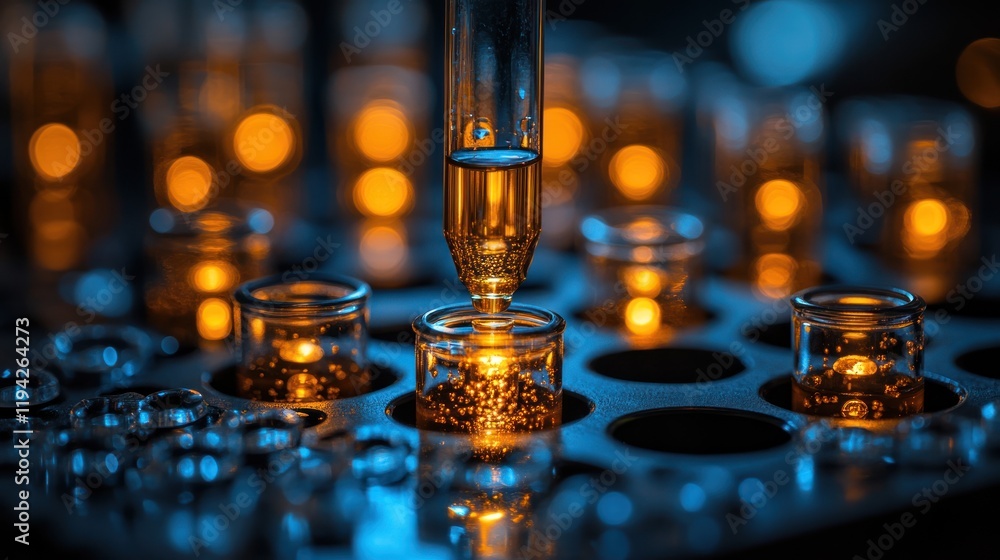 Close-up of a pipette dispensing liquid into glowing vials in a laboratory setting with blue lighting Close-up of a pipette dispensing liquid into glowing vials in a laboratory setting with blue lighting