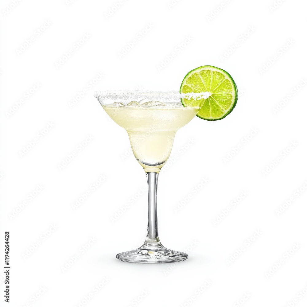 A classic margarita with a salted rim and lime wedge, bright and tangy, isolated white background A classic margarita with a salted rim and lime wedge, bright and tangy, isolated white background