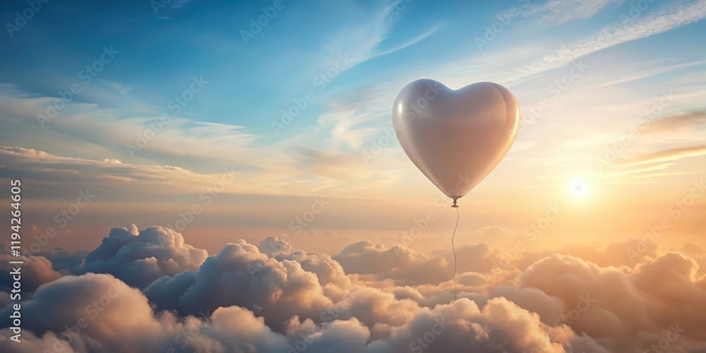 Fototapeta premium Heart-shaped balloon ascends through a breathtaking sunset sky, floating serenely above a sea of fluffy clouds, a symbol of hope and dreams taking flight.
