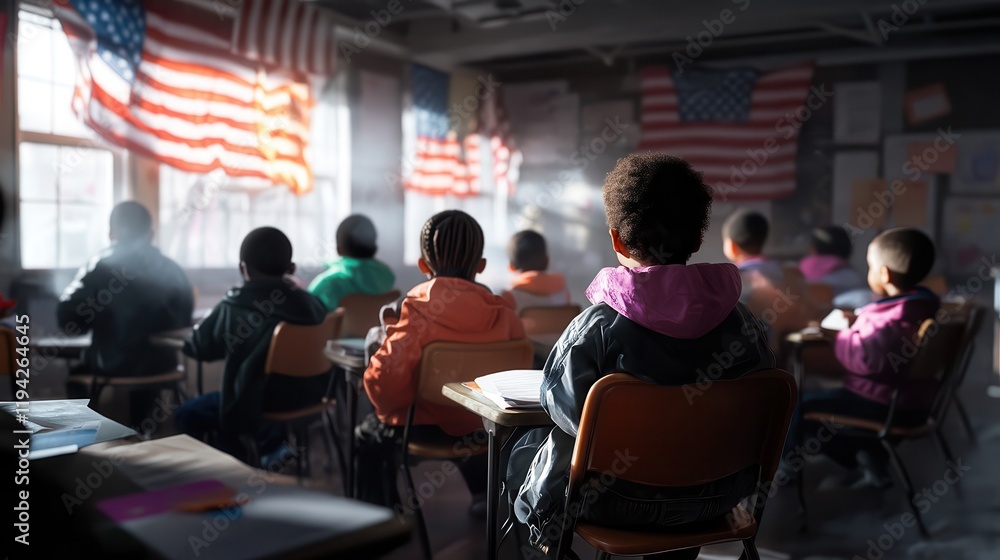 Obraz premium A classroom scene where students learn about Abraham Lincoln and George Washington on Presidents' Day