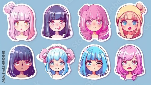 Set of kawaii anime girls in sticker style. photo