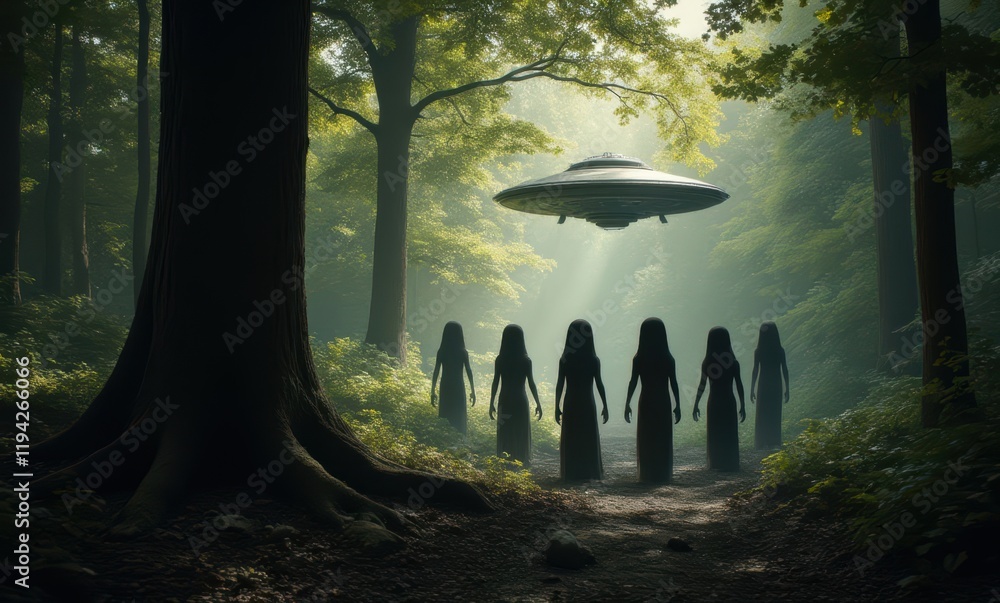 Mysterious figures under alien craft Mysterious figures under alien craft